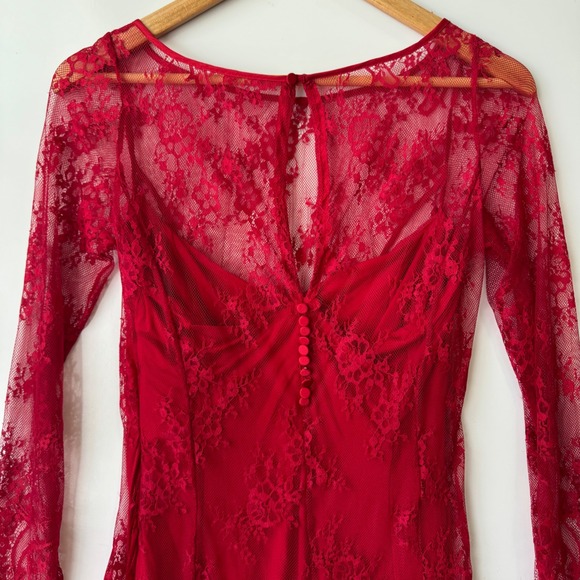 MNG Collection Lace Mini Dress Long Sleeve Button Back‎ Red Size 6 - Picture 5 of 7